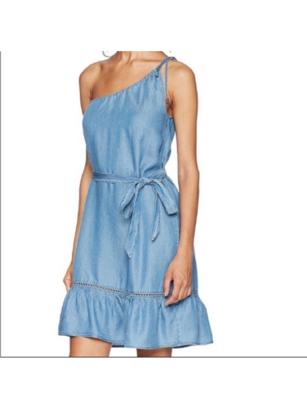 PAIGE One-Shoulder Chambray Tie-Waist Dress in Light Blue